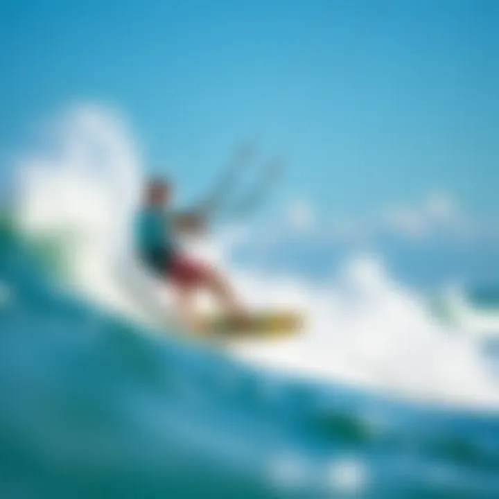 A vibrant kiteboarder carving through waves