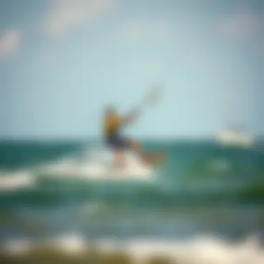 Kiteboarding Action with Ocean Rodeo An action shot of a kiteboarder skillfully maneuvering on water with an Ocean Rodeo kiteboard.