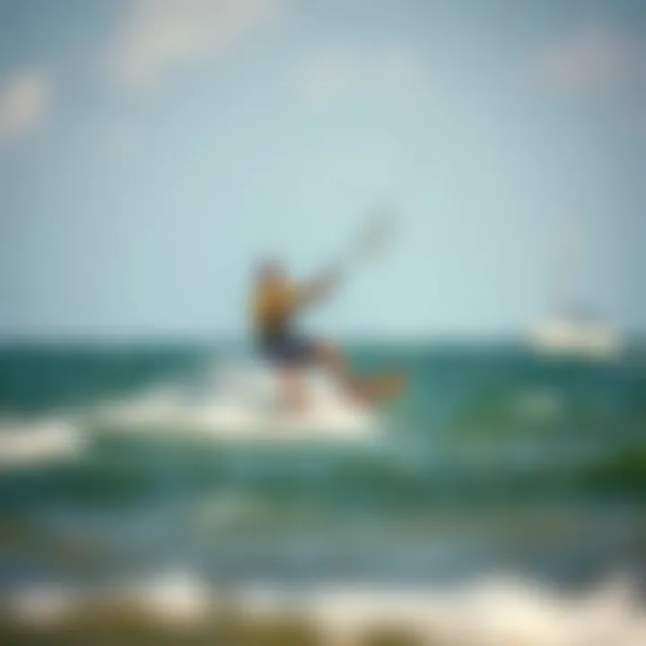Kiteboarding Action with Ocean Rodeo An action shot of a kiteboarder skillfully maneuvering on water with an Ocean Rodeo kiteboard.