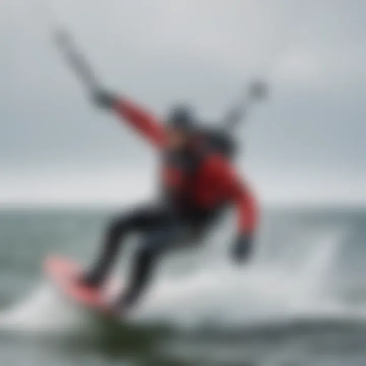 Kiteboarder enjoying a ride in varied weather while wearing the drysuit