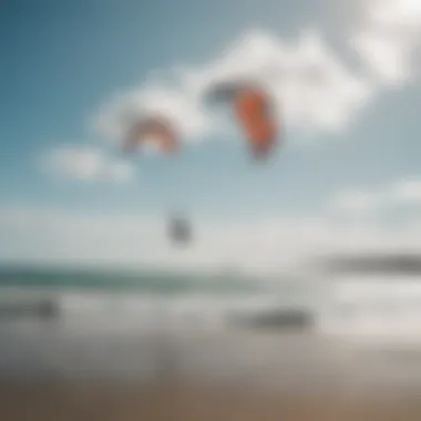 A serene beach setting with kitesurfers enjoying the sport