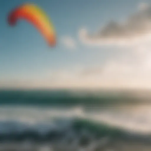 A vibrant Ozone kite soaring above the ocean waves