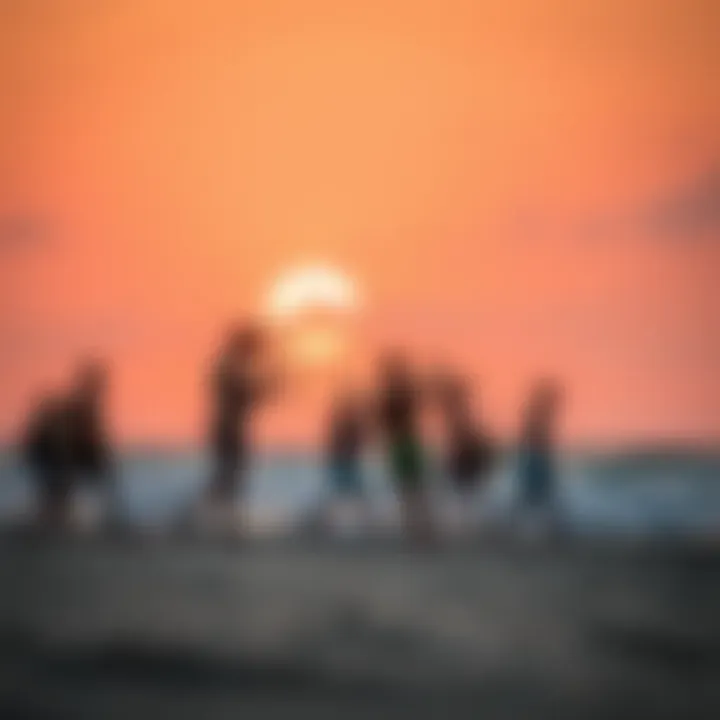 Kiteboarding Community at Sunset A group of kiteboarders enjoying a vibrant sunset at the beach.