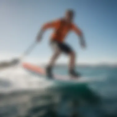 Dynamic shot of a hydrofoil board in action on the water, capturing the thrill of kiteboarding