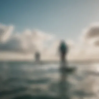 A serene view of kiteboarders using hydrofoil boards, emphasizing their environmental impact and sustainability