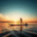 An elegant Slingshot SUP board on a tranquil lake at sunrise