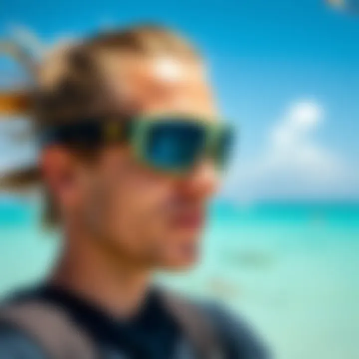 Kiteboarding Adventure with Spex Amphibian Eyewear Kiteboarder wearing Spex Amphibian eyewear against a vibrant ocean backdrop