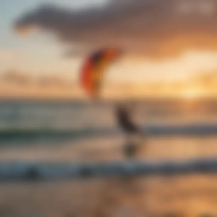 A picturesque sunset view of kite surfers riding the waves at Miami Beach.