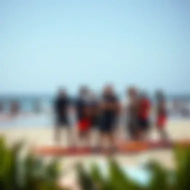 Gathering of Sup Wing Foiling Enthusiasts A group of enthusiasts sharing tips about sup wing foiling at the beach