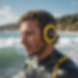Surfer wearing ear protection in the ocean