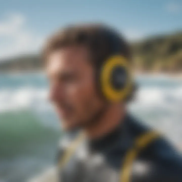 Surfer wearing ear protection in the ocean