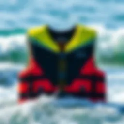 A vibrant surf float vest displayed against a backdrop of ocean waves