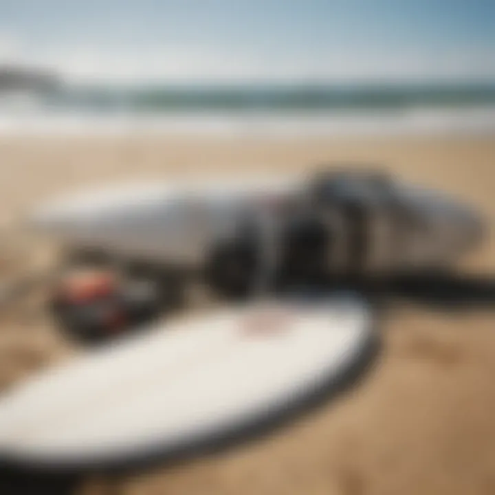 Close-up of surfing equipment laid out on the beach