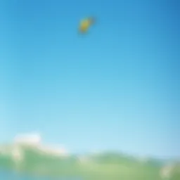 A vibrant kite soaring high in the clear blue sky above the ocean waves.
