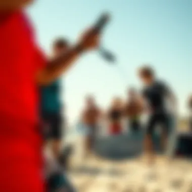 Kiteboarding Community Connection A group of kiteboarders enjoying a sunny day at the beach, fostering community.