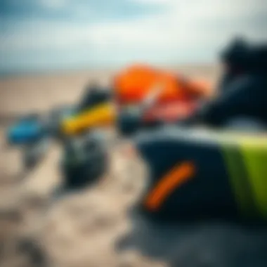 Kiteboarding Gear Essentials A close-up of essential kiteboarding gear laid out on the sandy beach.