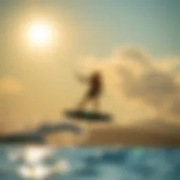 A rider gracefully gliding over water on a lift foil board