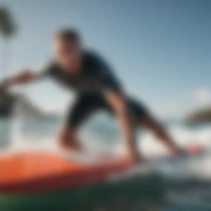 A close-up of a rider demonstrating pumping technique on a pump surfboard