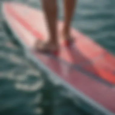 Close-up of the unique design features of a foiling SUP board