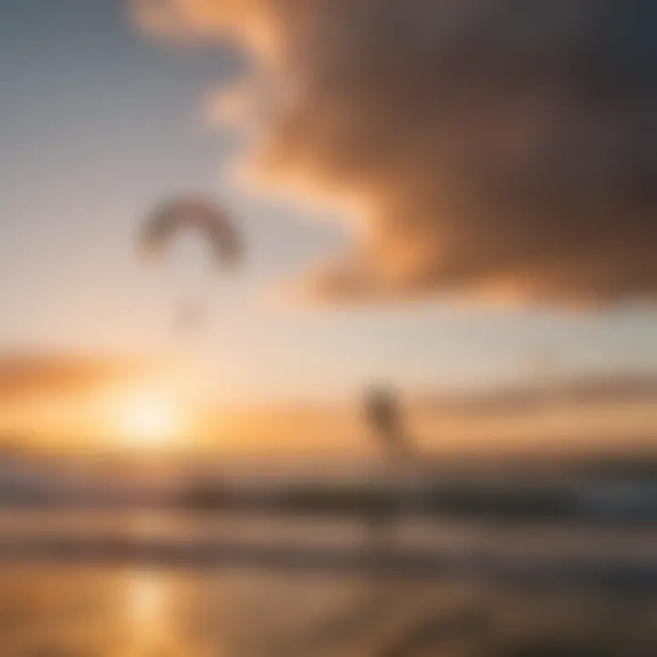 Kiteboarding during sunset with warm colors