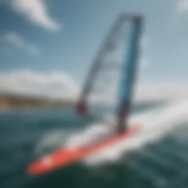 An action shot of a wind surfing wing in use on the water, demonstrating its functionality.