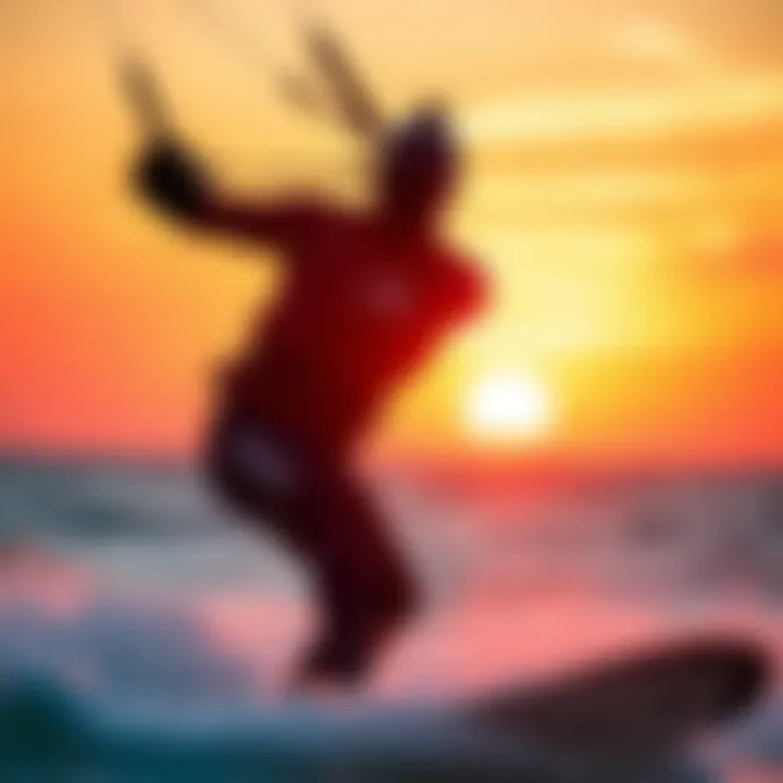 Kiteboarder wearing neoprene mittens during a vibrant sunset