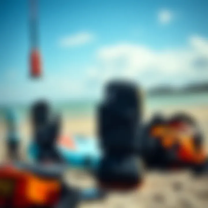 Kiteboarding gear setup featuring neoprene mittens prominently