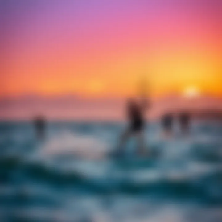 Chasing the Sun: Kiteboarding at Dusk A group of kiteboarders enjoying a vibrant sunset session