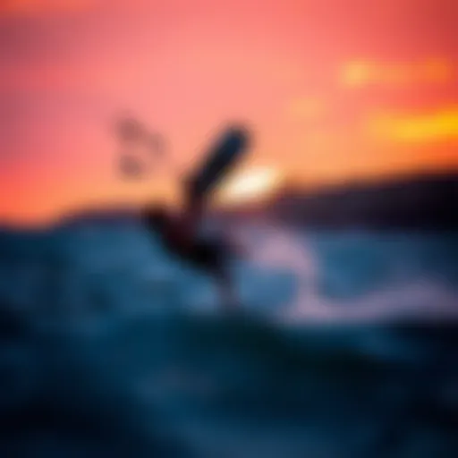 Backroll in Action A kiteboarder executing a backroll maneuver against a vibrant sunset.