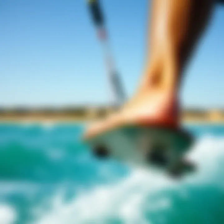 Foot Position for Backrolls Close-up of a kiteboarder's foot position while preparing for a backroll.
