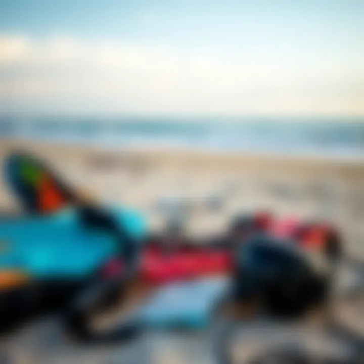 Essential Safety Gear for Kiteboarding A serene beach scene with kiteboarding gear laid out, highlighting safety equipment.