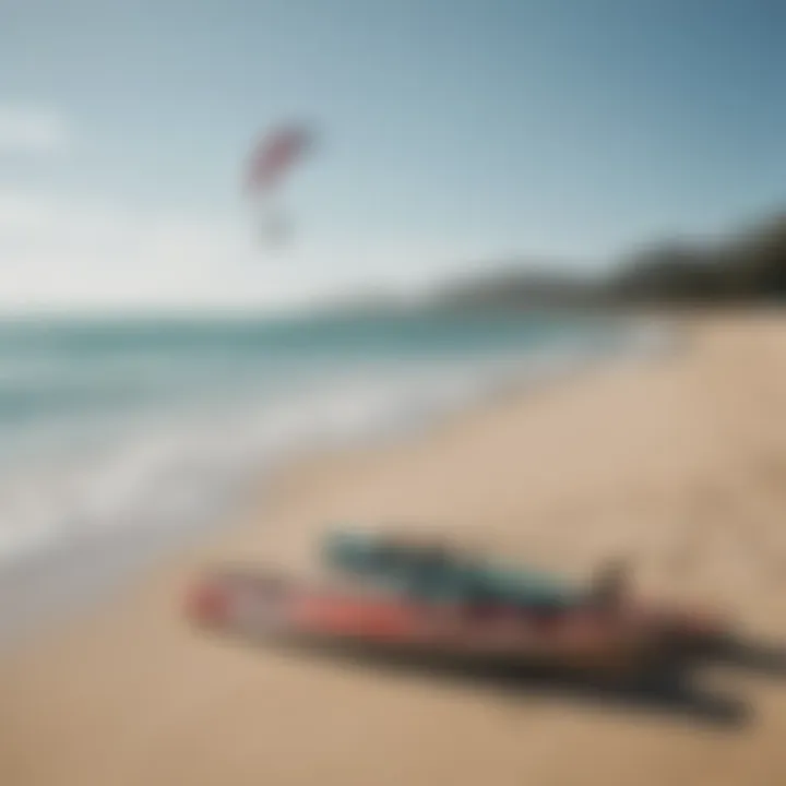 A serene beach scene with carbon kiteboarding gear