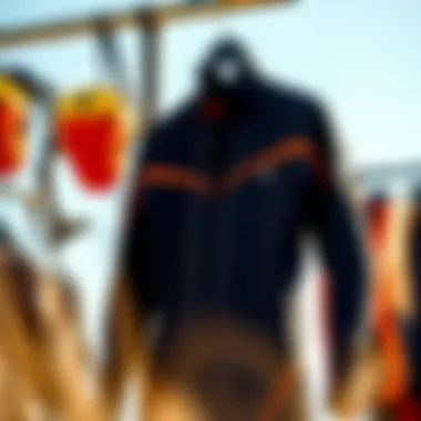 Drysuit Features and Design A drysuit displayed on a hanger, highlighting its features and design.