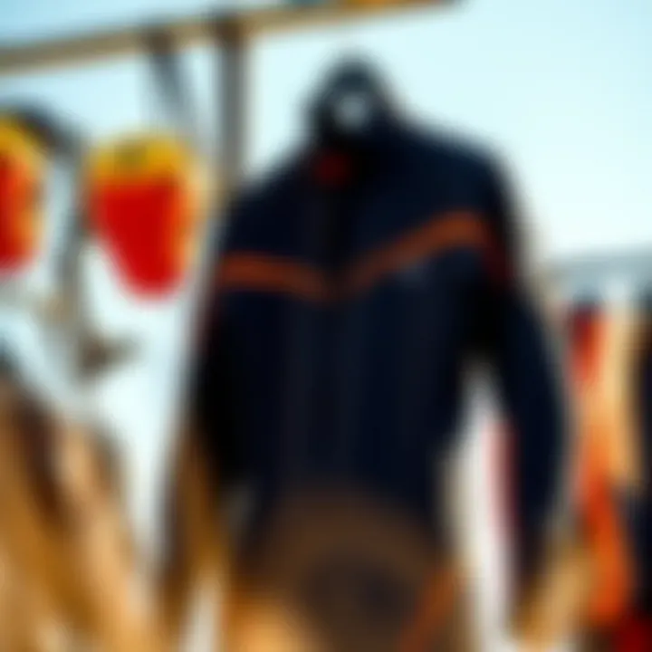 Drysuit Features and Design A drysuit displayed on a hanger, highlighting its features and design.