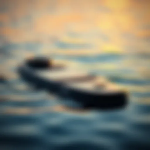A close-up view of an efoil board on a serene water surface