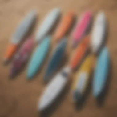 Aerial view of various foil surfing boards arranged by price range