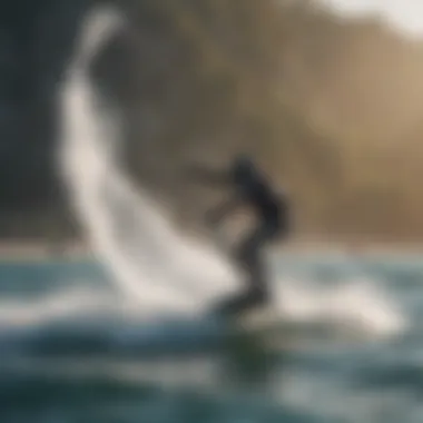 A kiteboarder skillfully maneuvering on a hydrofoil