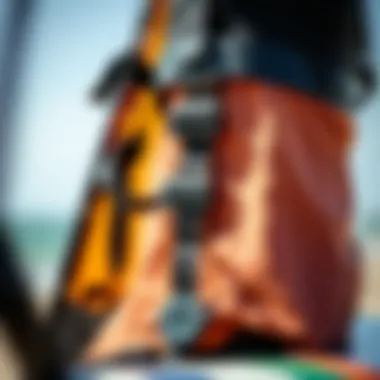 Close-up of kiteboarding equipment including a kite and harness