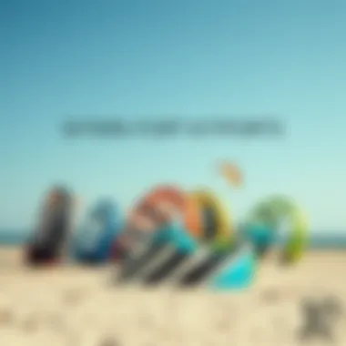 Variety of kites used in kiteboarding displayed on a beach
