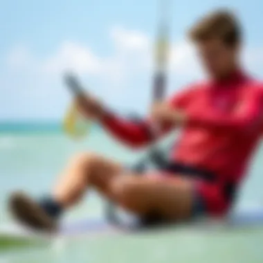 Leash Maintenance Techniques Kiteboarder demonstrating proper leash maintenance techniques