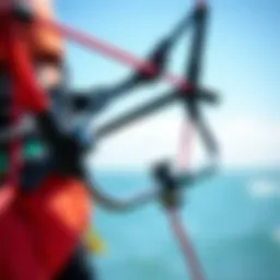 Detailed view of a kiteboarding control bar showcasing its components