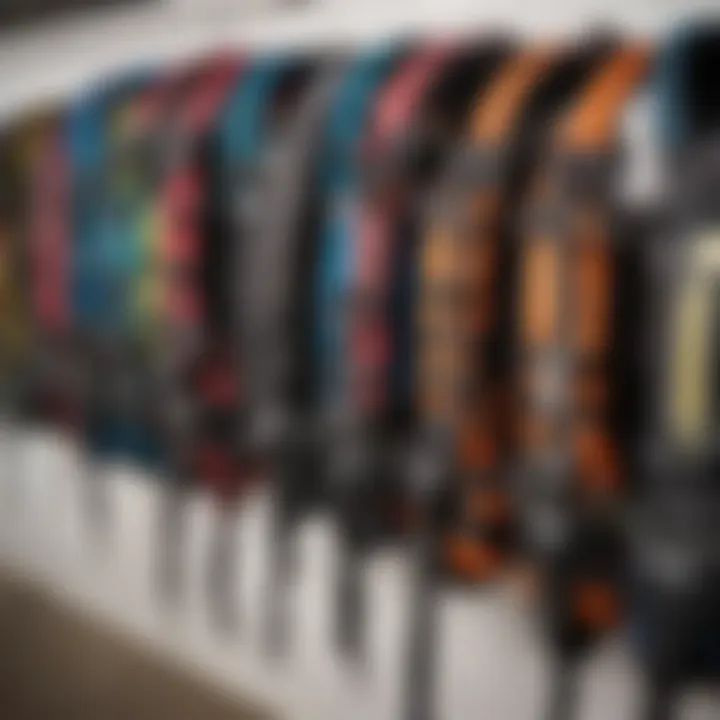 Different types of kitesurf waist harnesses displayed on a rack