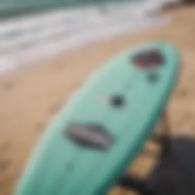 Kitesurfing Board on Rack Kitesurfing board resting on a surfboard rack