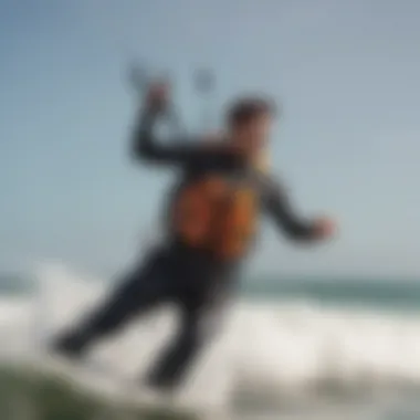 A skilled kitesurfer wearing a PFD while navigating waves.