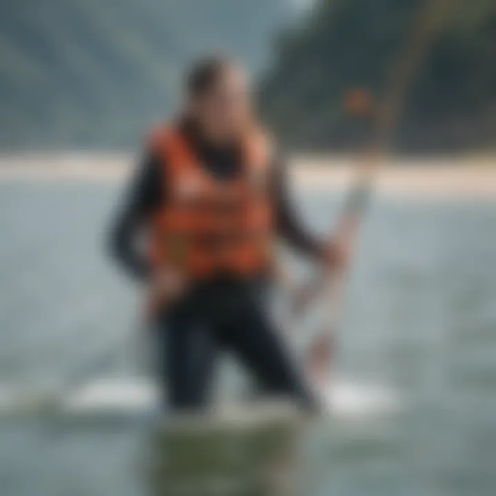 A rider demonstrating safety protocols while wearing a flotation vest on the water