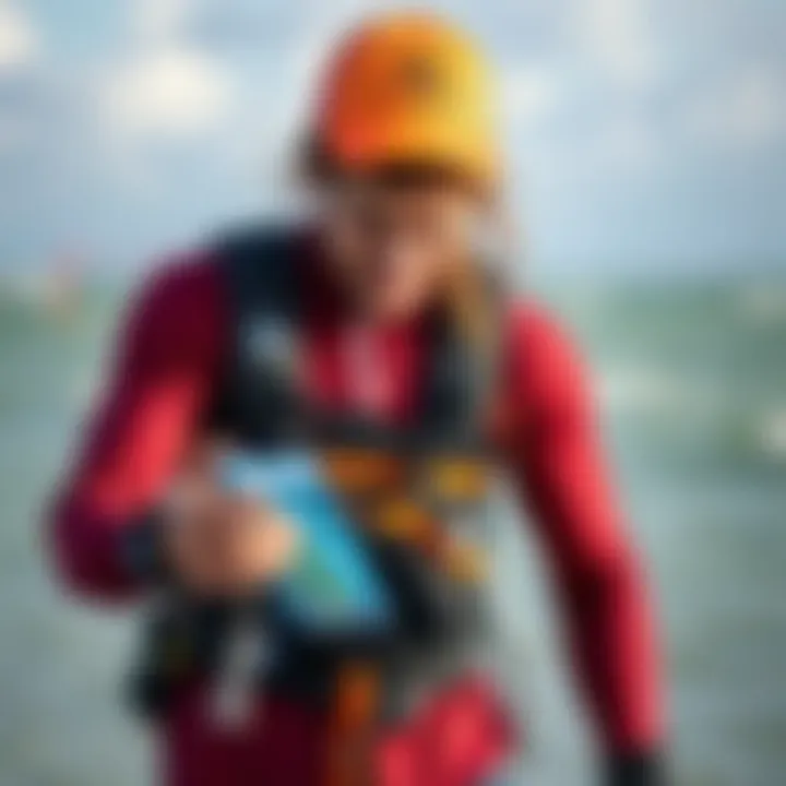 A kiteboarder checking weather data on a smartphone before heading out.
