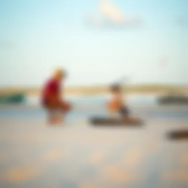 Beginner Training Session A beginner practicing techniques with a power kite trainer on the beach.