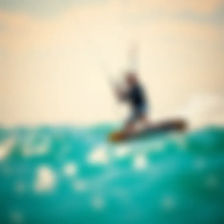 Kiteboarding with Coiled Surf Leash A kiteboarder using a coiled surf leash in action on the water