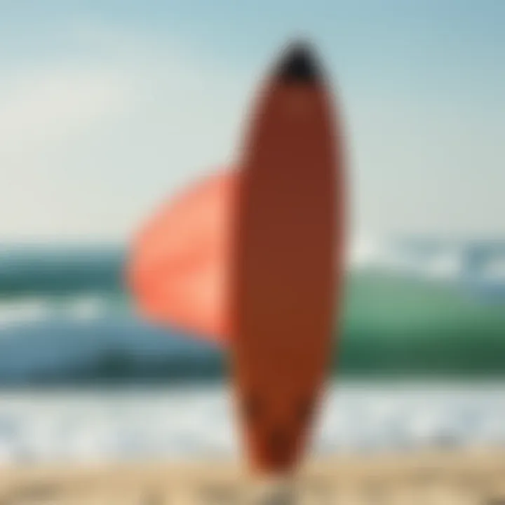 A sleek Wavemaster surfboard showcased on a pristine beach with waves in the background