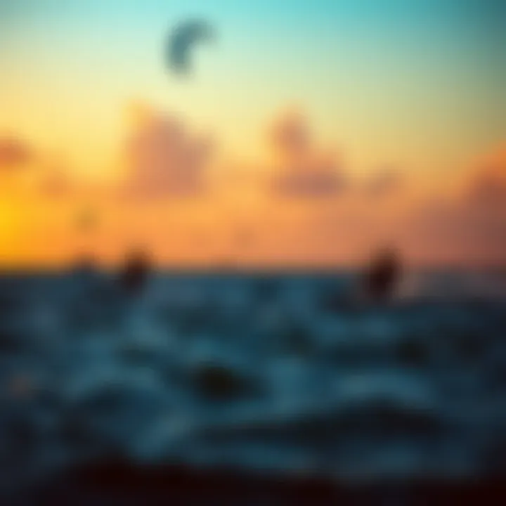 Sunset view of kiteboarders on the water
